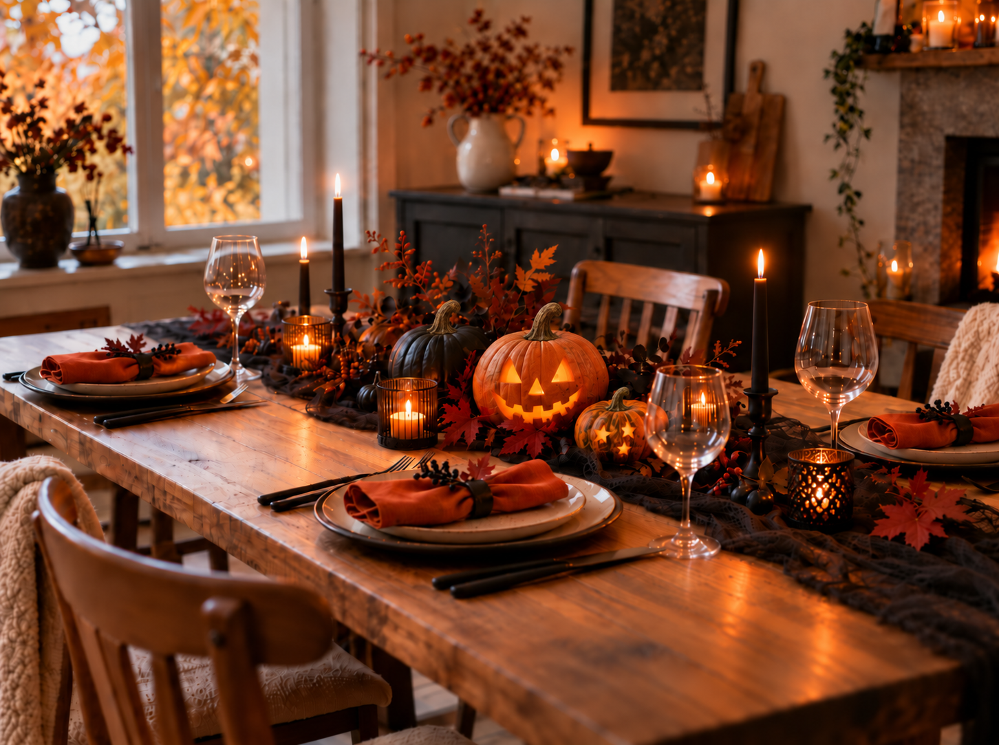 Table d’Halloween chaleureuse avec citrouilles sculptées, vaisselle sobre et lumière douce