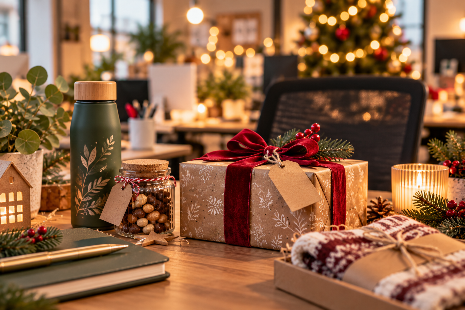 Cadeau de Secret Santa posé sur un bureau décoré pour Noël